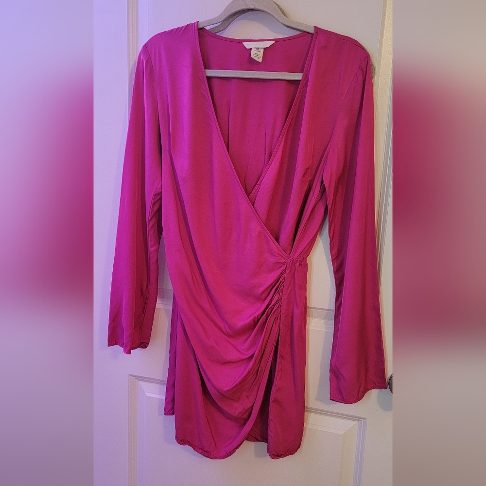 Fuchsia/ Berry Colot Wrap-Style Long Sleeve Dress Size M